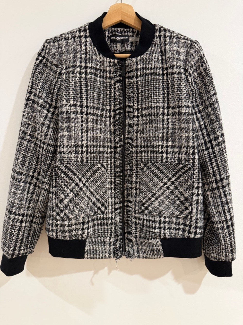 Karl Lagerfeld Paris Tweed Bomber Jacket Black White Plaid Size 4